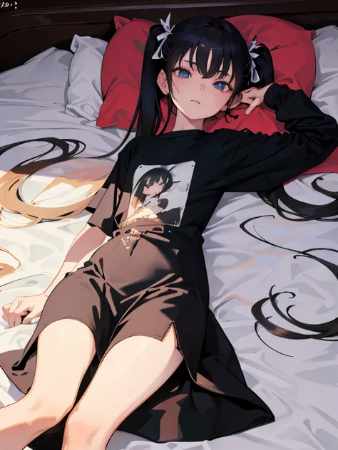 （​masterpiece，Highest Quality），(child)，((Long T-shirt，Thin dress))，(A dark-haired，long twintail)，sleepy expression，Delicate body