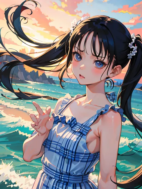 （​masterpiece，Highest Quality），(child)，((Plaid one piece))，(A dark-haired，long twintail)，sleepy expression，Delicate body，The wind is blowing