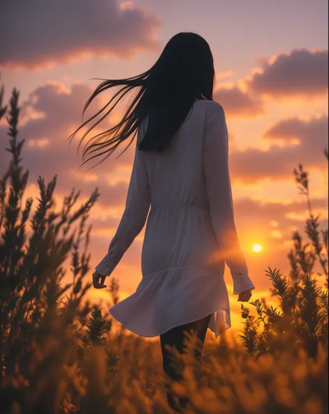 silhouette of a figure of a grieving woman walking away, with long black hair that moves in the wind, with the rosemary in the shadow in the foreground, farewell atmosphere, warm tones of the sunset --auto --s2