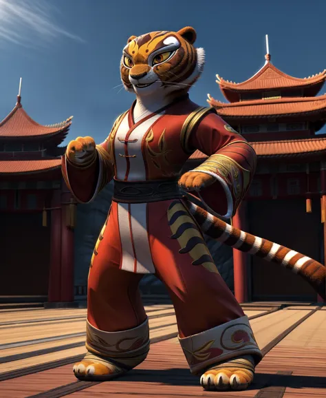 solo, female, master tigress, black kung fu clothes, standing, chinese castle, full body, high quality, 8k, 3d, dreamworks style...