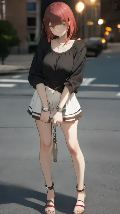 Masterpiece, ((full length image)),((( red-haired girl in handcuffs))), short lace plaid skirt, plunging short sleeve blouse, high-heeled sandals, open belly, braids