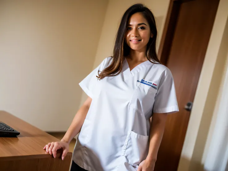 Esposa, medic, Broen Cabelo Curto, Mulher americana bonita,27 anos, Behind the desk, Casaco branco comprido, Bom Snile, look good in front of the camera, Background Story: - Hospital das Trevas ,