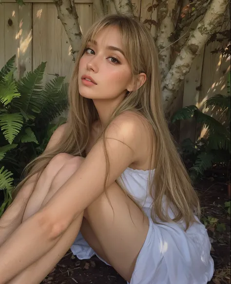 blonde woman sitting on the floor in a white dress, brown long hair com franja, Lalisa Manobal, com franja, long hair com franja, brown hair com franja, cabelos castanhos e franja, longos cabelos brancos e franja, com franja completa, long hair com franja ...