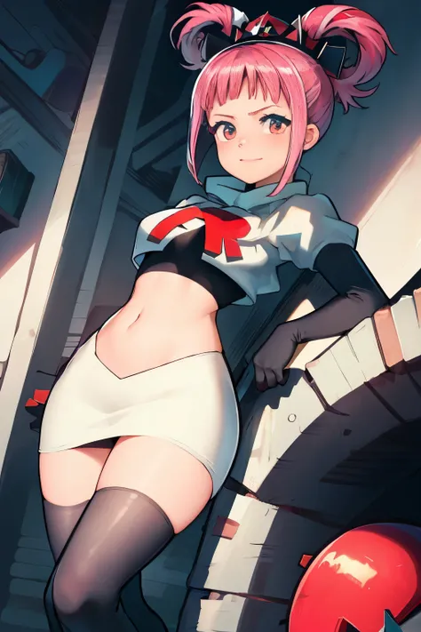 Hortensia, Hortensia (Fire Emblem), Hortensia (Fire Emblem: Engage), pink hair, team rocket, team rocket uniform, red letter R, white skirt, white crop top, black thigh-high boots, black elbow gloves,