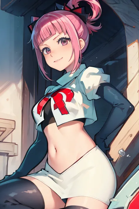 Hortensia, Hortensia (Fire Emblem), Hortensia (Fire Emblem: Engage), pink hair, team rocket, team rocket uniform, red letter R, white skirt, white crop top, black thigh-high boots, black elbow gloves,