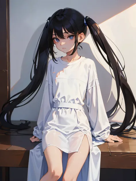 （​masterpiece，Highest Quality），(child)，((Long T-shirt，Thin dress))，(A dark-haired，long twintail)，sleepy expression，Delicate body