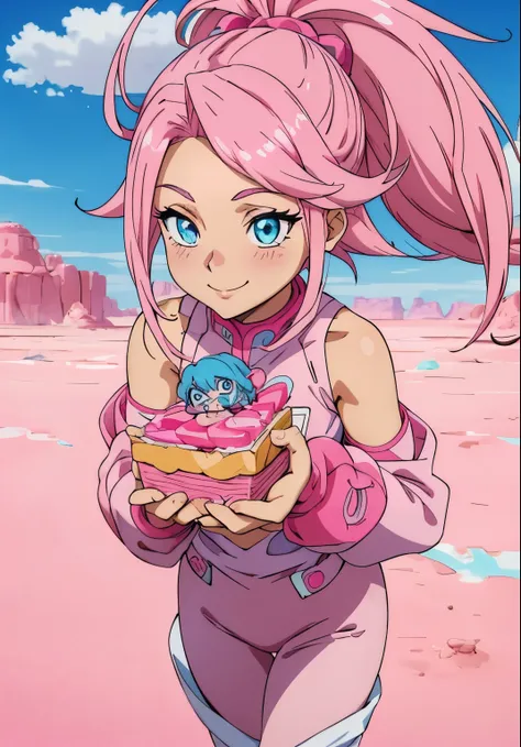 cute girl, Genie, Beautiful eyes, pink clothes, tied hair, beautiful smile, Desert in the background, anime girl in pink outfit with pink hair and blue eyes,