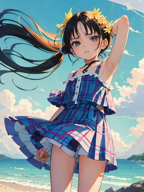 （​masterpiece，Highest Quality），(child)，((Plaid one piece))，(A dark-haired，long twintail)，sleepy expression，Delicate body，The wind is blowing