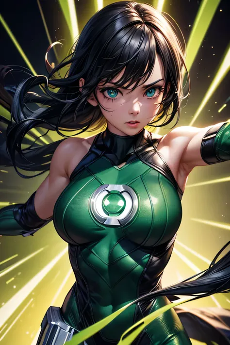 Superhero girl Green Lantern, combat stance, highly detailed, sexi, revealing, vibrant appearance, creative behavior, extremly detailed, imaginative, , spontaneous, highest quality, skin texture, intricate details, (cinematic lighting), RAW photo, 8k, mast...