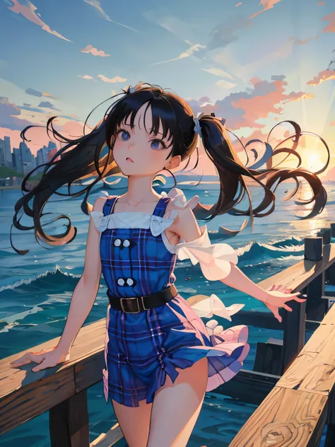 （​masterpiece，Highest Quality），(child)，((Plaid one piece))，(A dark-haired，long twintail)，sleepy expression，Delicate body，The wind is blowing