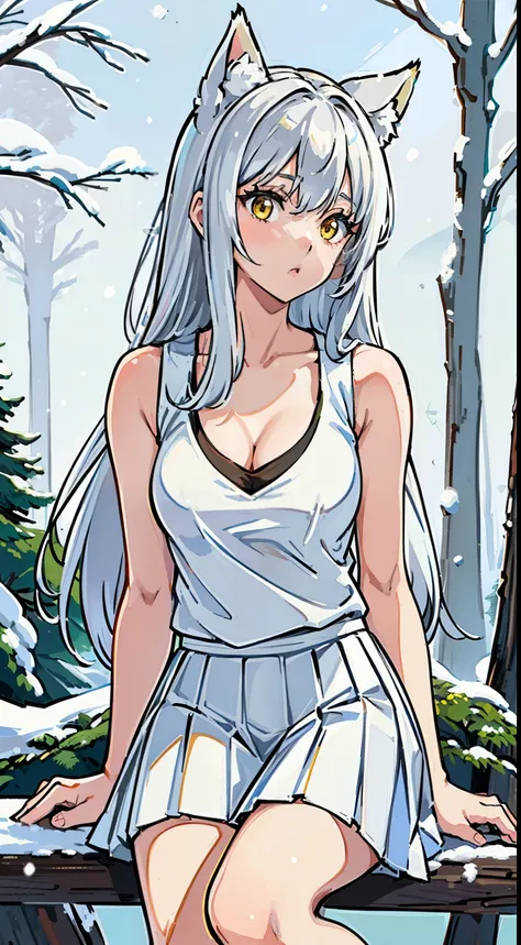 1girl,solo,medium breasts,mature female,((white sleeveless and shoulderless t-shirt,cleavage, white pleated skirt)),silver hair,long hair,yellow eyes,fox ears,((sitting in snow,in a Forest)),from front,looking to the view,cowboy shot,:o