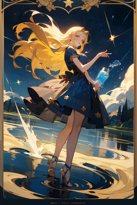 8k, full body style photo of a beautiful young woman as the figure of The Star tarot, pouring a big jar of water into the river with both hands (highly detailed skin: 1.2) Style-long hair, blonde hair with colored locks, wearing a dress, one large sized st...