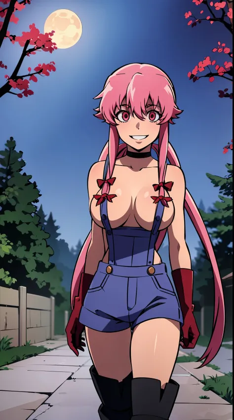 anime_still, masterpiece, best quality, 1girl, Gasai Yuno, long hair, pink hair, low twintails, smile, naked, red eyes, (large breasts:1.5),1girl, black choker, dark grey, overalls, leather gloves, black boots, ((nigth:1.5)), (chasing you through the woods...