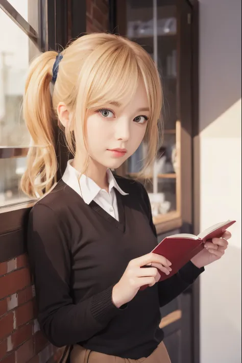 top-quality, 8k, ultra-detailliert, photorealsitic, aihayasaka, ai hayasaka, blonde hair, blue eyes, blue scrunchie, hair betwee...