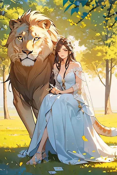 8k, full body style photo of a beautiful young woman as the figure of The Strength tarot, Style-medium long hair, brown hair with colored locks, forest spring time, sitting on the ground beside a lion