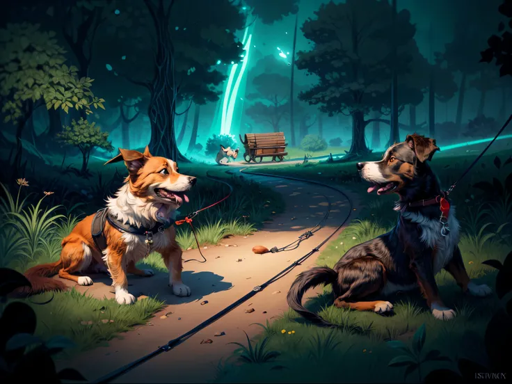 cartoon drawing of two dogs on a leash in a park, animated disney movie inking, published concept art, stylized linework, black and white illustration, official illustration, whole page illustration, by Istvan Banyai, concept art for a video game, by Maksi...