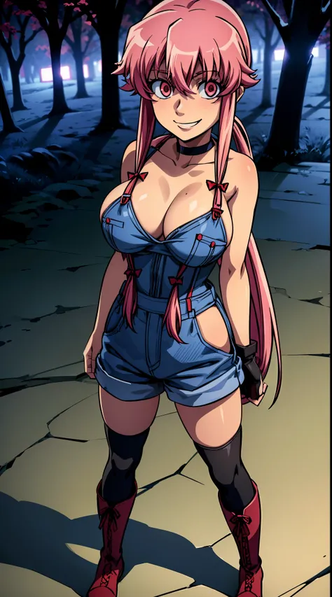 anime_still, masterpiece, best quality, 1girl, Gasai Yuno, long hair, pink hair, low twintails, smile, naked, red eyes, (large breasts:1.5),1girl, black choker, dark grey, overalls, leather gloves, black boots, ((nigth:1.5)), (chasing you through the woods...