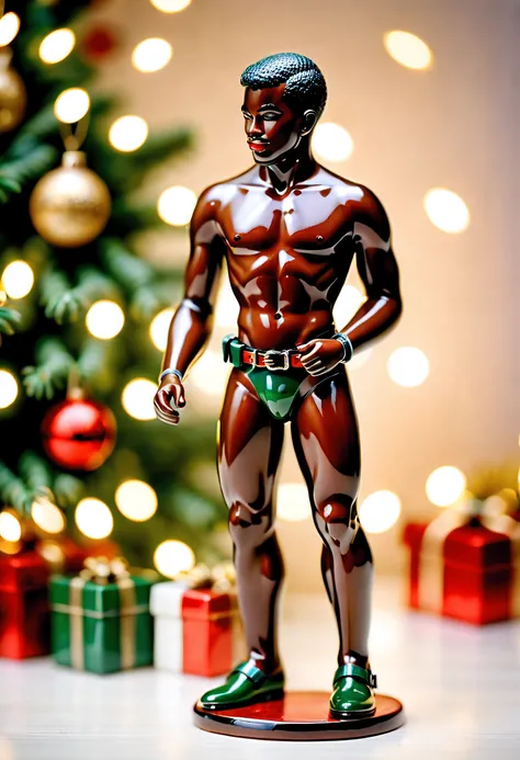 hd 16k, porcelain from 1940s, exquisite 20th-century hand-painted vitrified ceramic homoerotic polished 1940s two nigerian boys wearing fetish harness and belts dancing, a precious Christmas very fine hand-painted porcelain figurine, christmas tree backgro...