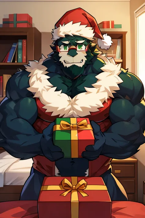 hulking krampus with muscles and flexing and blushing from embarrassment in bedroom because he likes you and has fluffy fur, wearing glasses an a Santa hat,green eyes, holding a present