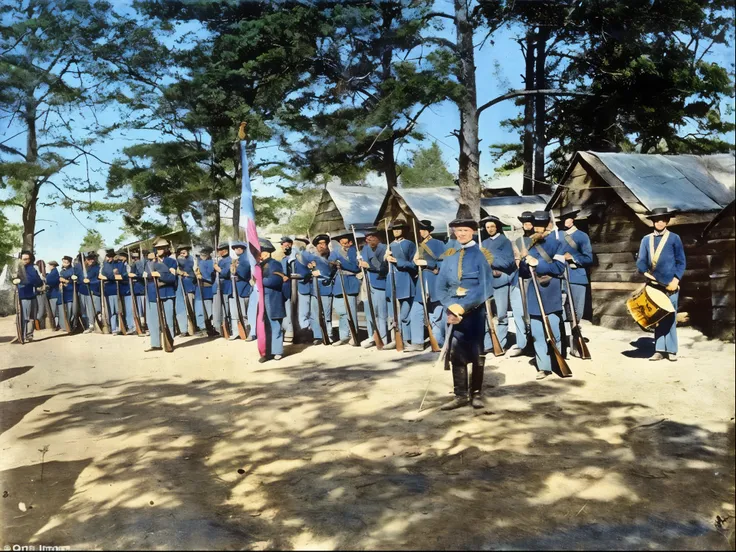 soldiers in blue uniforms stand in front of a line of wooden huts, colorized, colorized photograph, colorized photo, award winning colorized photo, historical reenactment, photo in color, a colorized photo, 1863, colored photo, 1865, restored color, 1862, ...