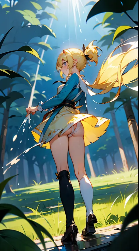 anime styled, The ultra -The high-definition, alice in the wonderland, Super cute girl, ((a blond:1.4)), ((Long:1.4)), shame, 恥ずかしさをこらえた表顔てLooking here, Light blue fluttering short dress, frilldの付いた白いエプロンスカートを重ねる, frilld, A large white ribbon is tied in th...