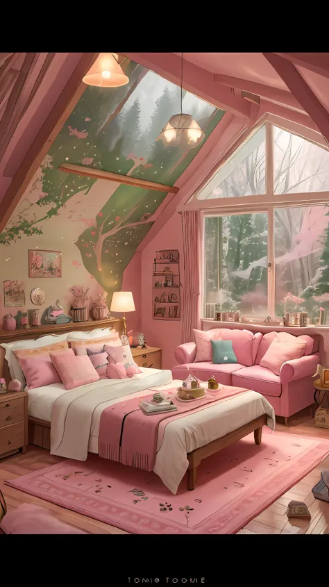 araffe room with a pink rug and a pink couch, in a candy land style house, brightly lit pink room, dreamy aesthetic, cozy aesthetic, cozy place, thomas kinkade. cute cozy room, soothing and cozy landscape, pink forest, cottagecore!!, cozy home background, ...