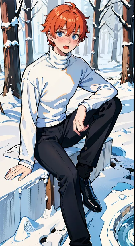 (1boy,teen,18 years old), orange hair, blue eyes,(black pants),(((white sweater,turtleneck))),(sitting in snow,in a forest),((scared face,blush,open mouth))