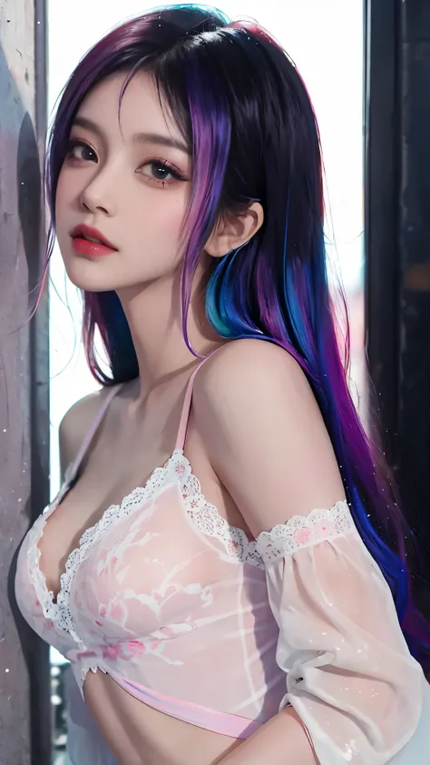 （tmasterpiece、best qualtiy、A high resolution），white backgrounid，（（paint splatter，splash of color，Splash ink、Color splattering）），Sweet Chinese girl，rainbow hair，Pink lips，on  back，the detail，high light，Tattooed with，Flirtatious，Lingerie transparent，，sweat s...