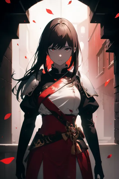 ((((Obra maestra, La mejor calidad, ultrahigh resolution)))), 1girl, happy, ((((standing, fully clothed, wearing red samurai armor, plate armour)))), (black hair, dark black hair over eye:1), long hair cut, pale skin, ((brown eyes)), ((glowing_eyes)), (((u...