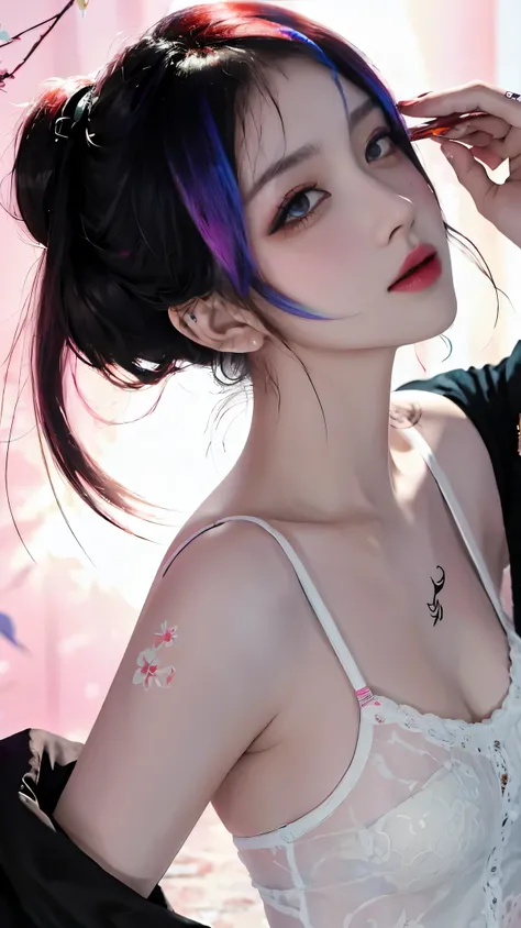 （tmasterpiece、best qualtiy、A high resolution），white backgrounid，（（paint splatter，splash of color，Splash ink、Color splattering）），Sweet Chinese girl，rainbow hair，Pink lips，on  back，the detail，high light，Tattooed with，Flirtatious，Lingerie transparent，，sweat s...