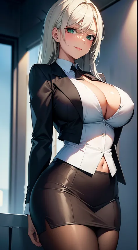 (masterpiece:1.2), (best quality:1.2) 1girl, smiling, ((large breasts 1.9)), very dark skin, office suit, white hair, green eyes, semi realistic, anime girl, business suit, breast showing, sexy form, perfect body, pantyhouse, looking at viewer