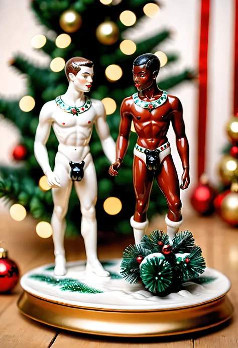 hd 16k, porcelain from 1940s, exquisite 20th-century hand-painted vitrified ceramic homoerotic polished 1940s two nigerian boys wearing fetish harness riding reindeer, precious Christmas very fine hand-painted porcelain figurine, christmas tree background ...