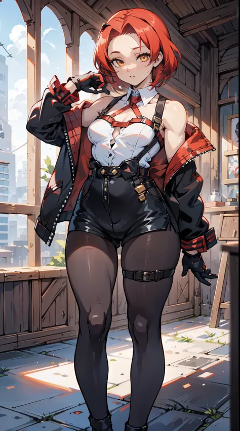 1girl, young woman, solo, short hair, Small  hair, (forehead:1.2), yellow eyes, sharp ocular posture, (scarlet red hair), Athletic, muscular, medium breasts, (cropped jacket, black jacket), white shirt, collared shirt, (chest harness, shoulder strap:1.15),...