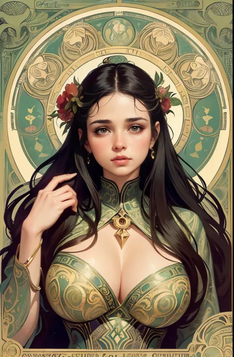 ((masterpiece)), (best quality), (cinematic),  art nouveau style, Goddess of Mars , large breasts, big eyes, long thick eyelashes, cleavage, full lips, dark, long thick hair,  high ponytail, accessories, flower_background, featuring intricate designs and p...