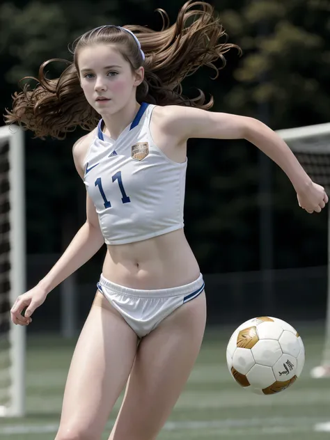 ((high resolution)), Athletic, ((pale skin)), brunette, 13 year old girl, long curly hair, naked, playing soccer