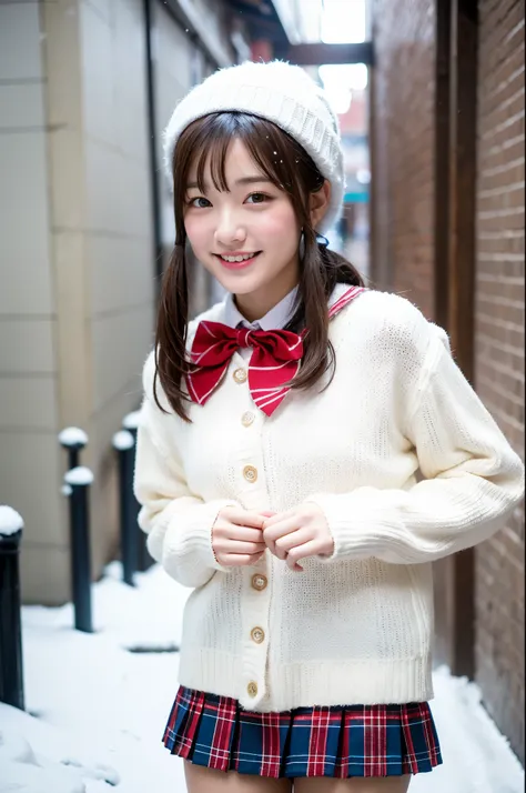 girl in snowy town street,white knitted hat,sailor sweater with red bow tie,white leggings,gloves,plaid pleated skirt,18-year-old,bangs,a little smile,thighs,knees,short cut hair,ponytail,from below