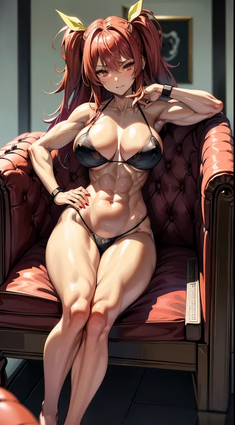 master piece、Superior Quality、1 girl in、(Stella Vermillion)、Ligature bracelet、muscular thighs, muscular belly, wide hips, (very thin waist), large breasts, very hard breasts, Breasts, very hard nipples, (( (sitting on the chair with her hands on her hips a...