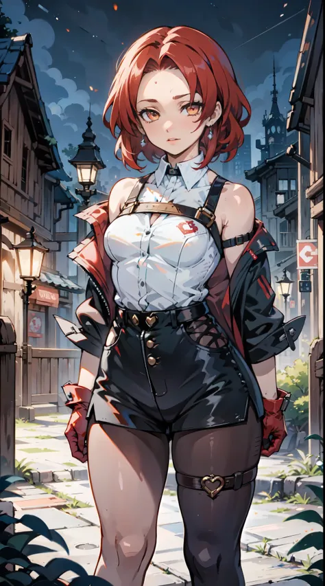 1girl, young woman, solo, short hair, Small  hair, (forehead:1.2), yellow eyes, (scarlet red hair), Athletic, muscular, medium breasts, (cropped jacket, black jacket), white shirt, collared shirt, (chest harness, shoulder strap:1.15), black leather shorts,...