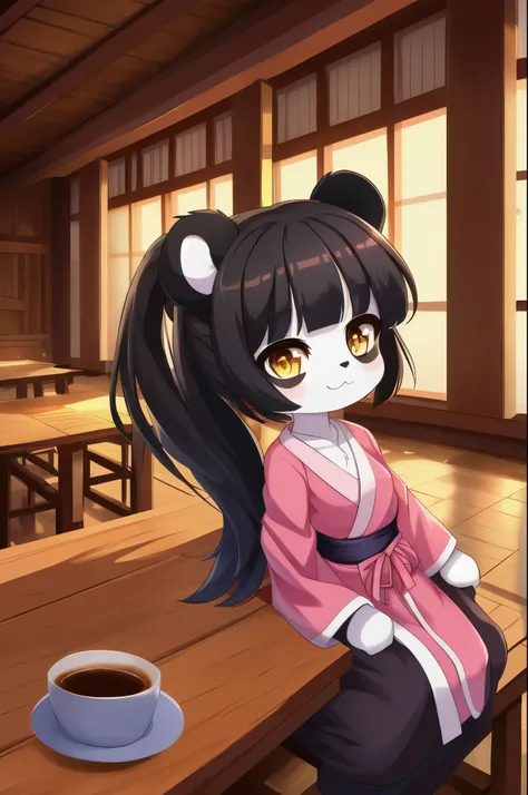 furry girl, young, panda, black hair, open bangs, long ponytail, anime style, small breasts, yellow eyes, ((pink kimono, hakama pants)), high quality, detailed body, detailed eyes, detailed face, masterpiece, glistening body, detailed body fur, best qualit...