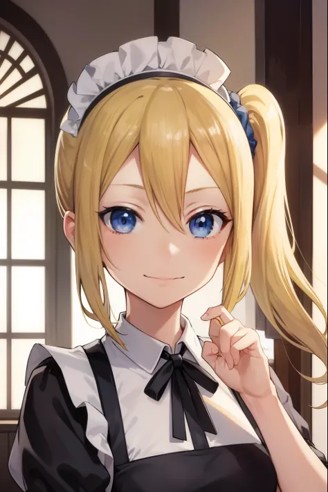 Aihayasaka, Ai Hayasaka, Blonde hair, Blue eyes, blue Scrunchie, hair between eye, hair Scrunchie, Long hair, Scrunchie, Side Ponytail, side locks,
(maid clothes:1.3), (White Brim), (White Brim)
BREAK looking at viewer, 
BREAK indoors, Background of the ma...