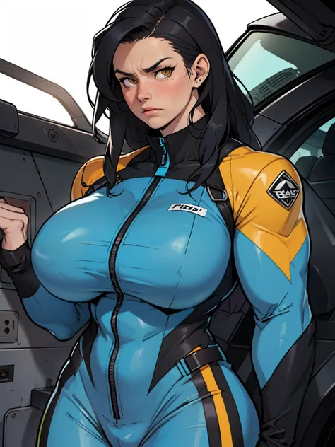 ((((muscular girl toned body massive breasts)))) pale skin black hair yellow eyes sad frown blush bodysuit skintight jumpsuit plugsuit pilot suit