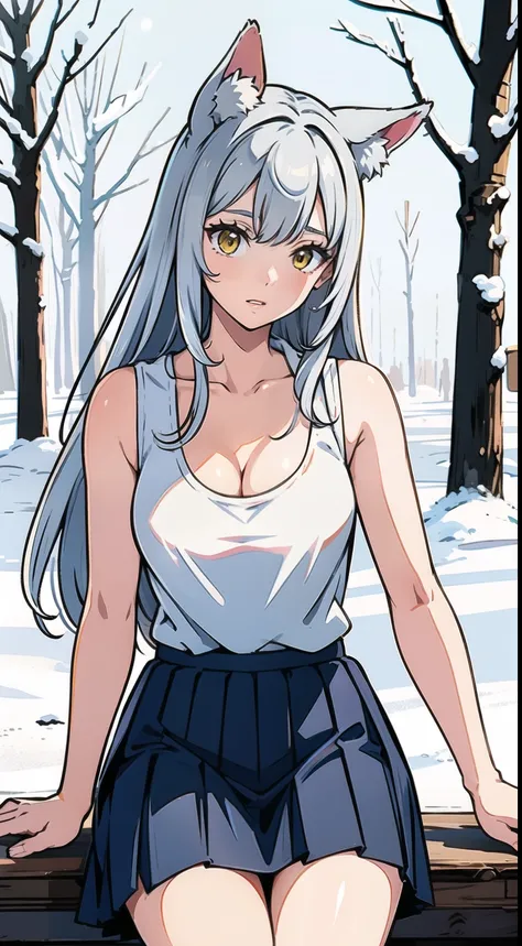 1girl,solo,medium breasts,mature female,((white sleeveless and shoulderless t-shirt,cleavage, white pleated skirt)),silver hair,long hair,yellow eyes,fox ears,((sitting in snow,in a Forest)),from front,looking away,cowboy shot,(((put up index finger)))