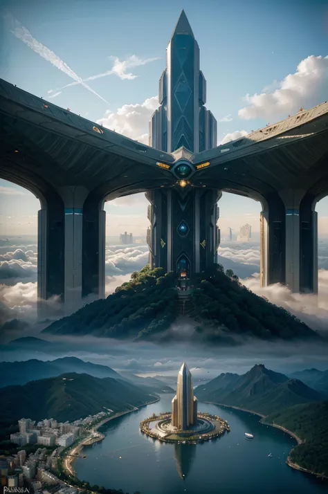 fantasia, ((No estilo de Greg Rutkowski)), Anjos Celestiais, ((new sky, Nova Terra)), ((Futuristic architecture)): Heavenly Mansions of Gold and Crystal rising above vibrant forests, inhabited by magical creatures and light energy. Os telhados de cristal r...