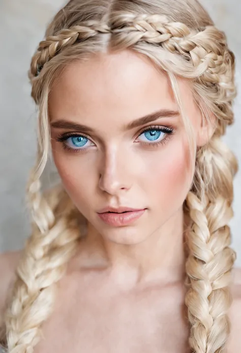 Blond girl with blue eyes, thick braid, blush, detailed face