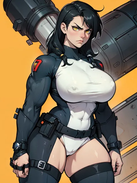 angry frown sad muscular girl thick thighs big breasts black hair yellow eyes pale skin solo super hero super hero super hero super hero