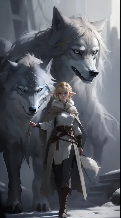 ((masterpiece, best quality)), (fractal art:1.3), viking elf girl, fantasy, standing with ancient wolf, concept yoji shinkawa, c...