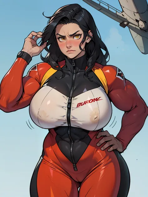 ((((muscular girl toned body massive breasts)))) pale skin black hair yellow eyes sad frown blush bodysuit skintight jumpsuit plugsuit pilot suit