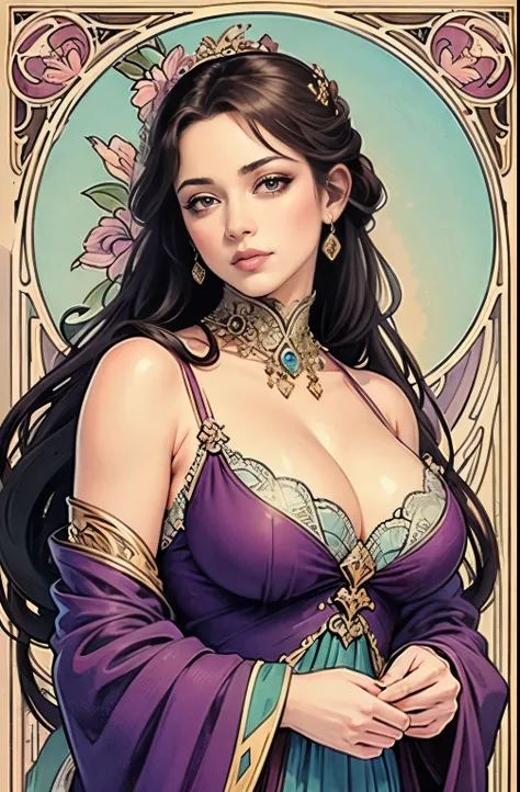 ((masterpiece)), (best quality), (cinematic),  art nouveau style, Goddess of Tea , large breasts, big eyes, long thick eyelashes, cleavage, full lips, dark, long thick hair,  high ponytail, accessories, art_nouveau