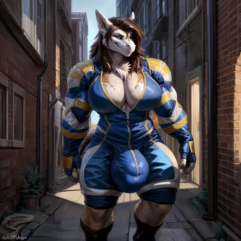 By bebebebebe, (by greasymojo:1.3), by chunie, by sonsasu, by danza, solo, 1girl, female, muscular, giant, massive, enormous, gigantic, buff, biceps, smirking, hair, dragon, brown fur, white spots, white chest fur, clothed, alleyway, plants, dramatic light...