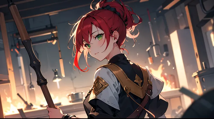 [masterpiece, ultra-detailed, best quality, soft skin, beautiful] red hair, slender body, fantasy blacksmith outfit, green eyes, hair-up, dynamic angle, fantasy blacksmith background, hammer